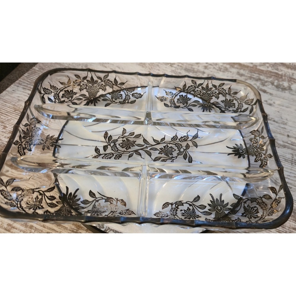 Vintage Divided Glass Serving Dish Silver Overlay Floral Pattern Relish Tray 11"